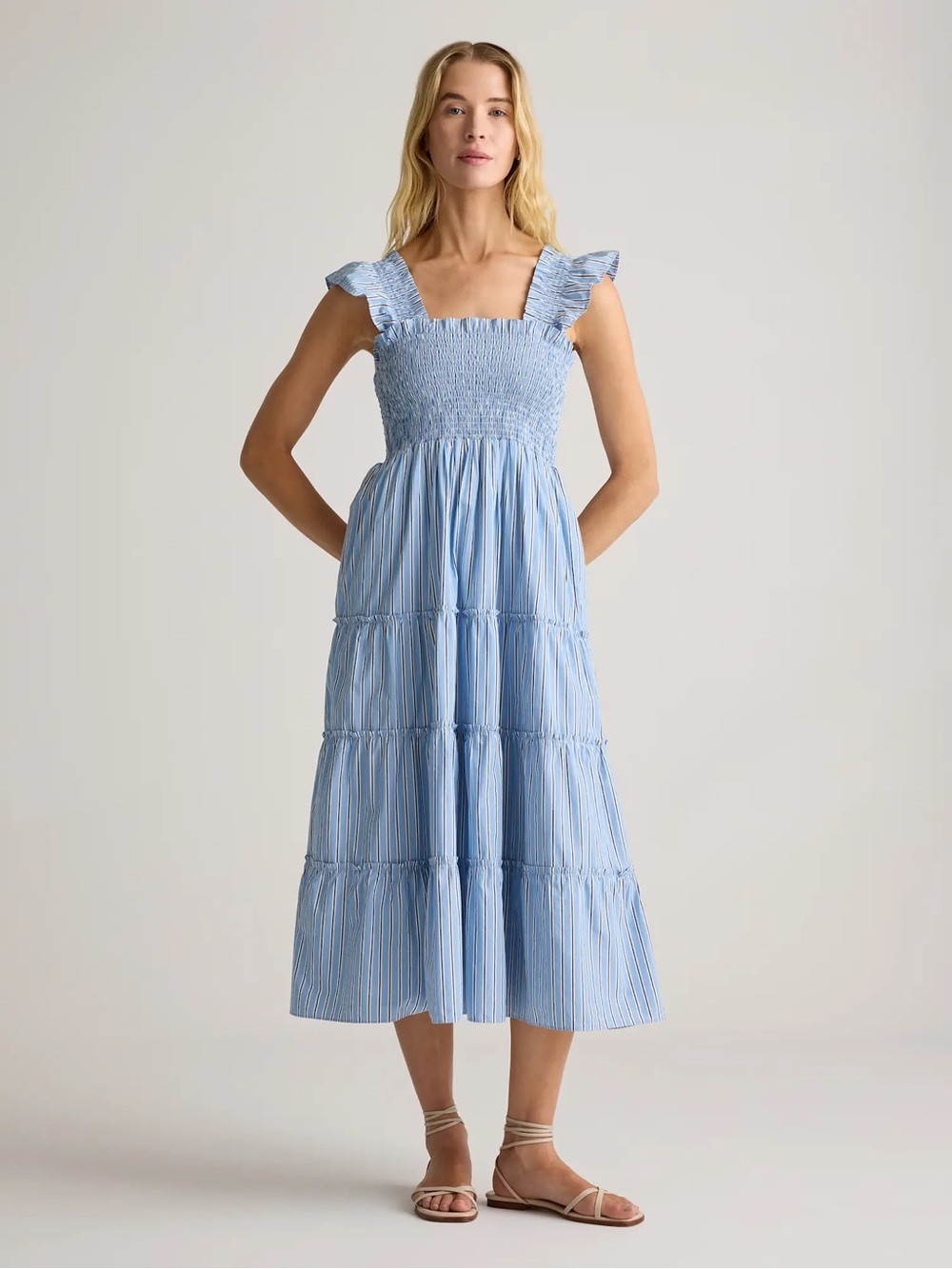 Quince Light Blue Smocked Tiered Midi Dress